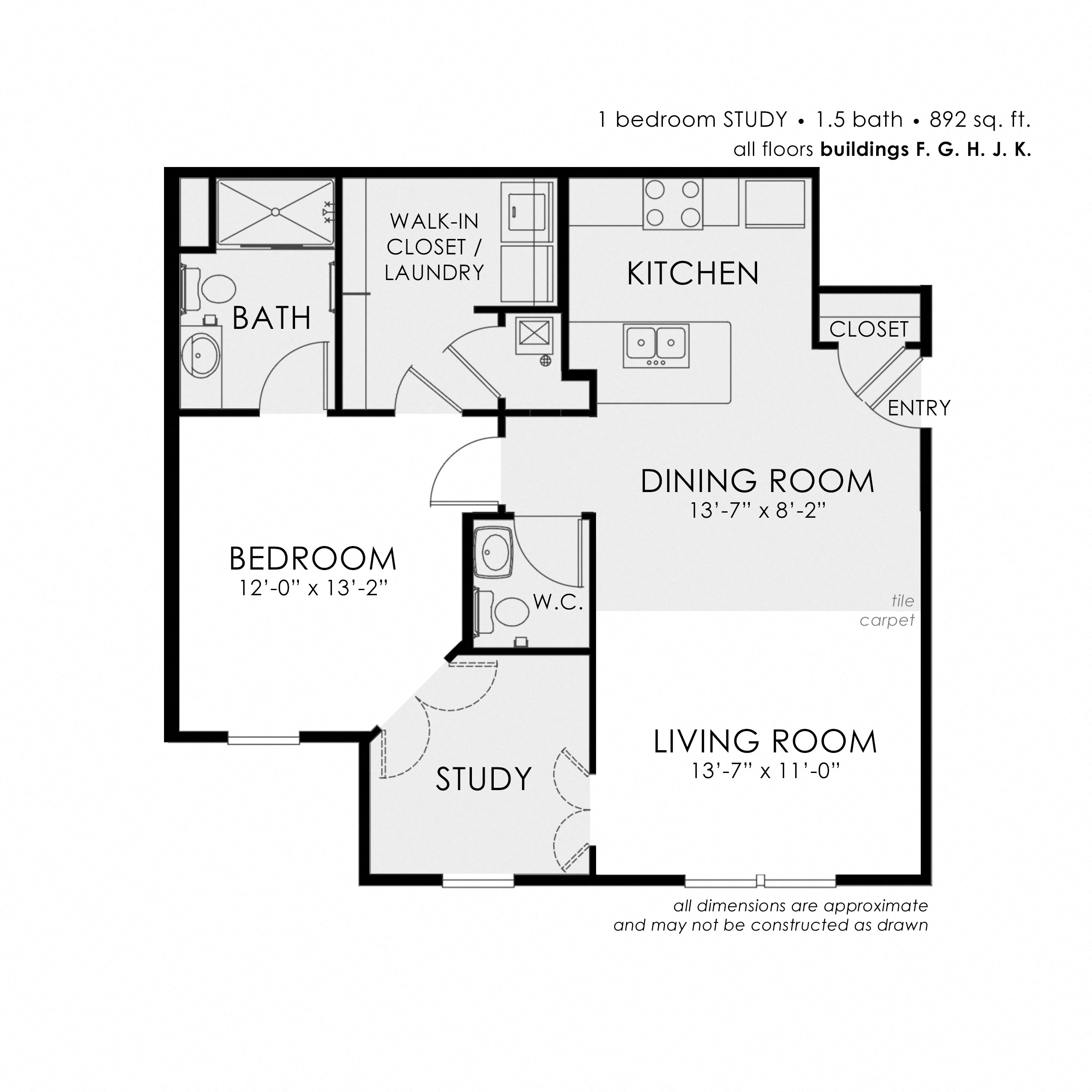 Floor plan for 1 bed, 1.5 baths, 892 sqft
